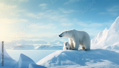 Mother and baby polar bears relax walks in extreme winter weather, polar bears family standing above snow with a view of the frost mountains