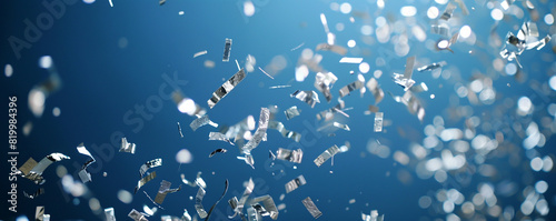 Sparkling silver confetti descending against a deep blue backdrop, creating a joyous ambiance.