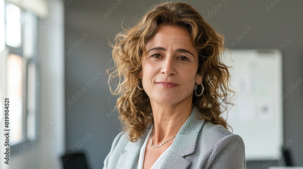 A professional woman with curly hair wearing a light blue blazer and a necklace standing in an office with a whiteboard in the background. A professional woman with curly hair wearing a light blue blazer and a necklace standing in an office with a whiteboard in the background.