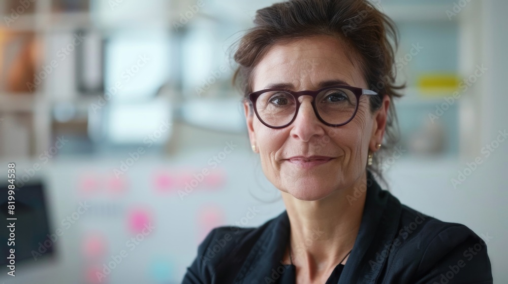 A professional woman with glasses smiling wearing a dark blazer in an office setting with a whiteboard in the background.
