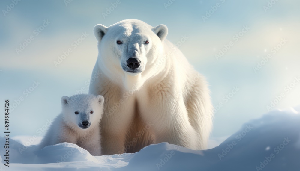 Mother and baby polar bears relax walks in extreme winter weather, polar bears family standing above snow with a view of the frost mountains Mother and baby polar bears relax walks in extreme winter weather, polar bears family standing above snow with a view of the frost mountains