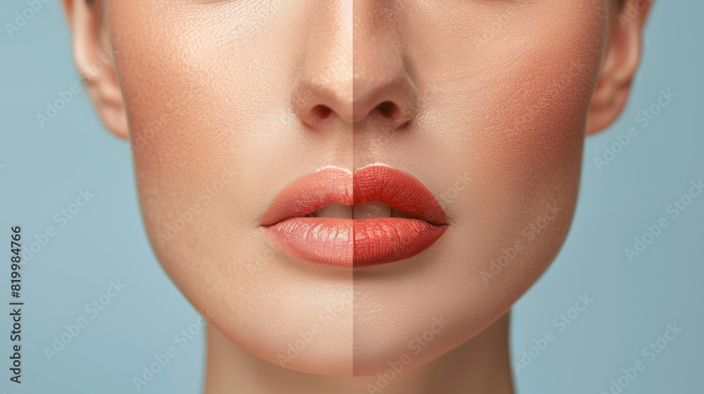 Close-up of woman's lips with and without  botox, symbolizing transformation and beauty