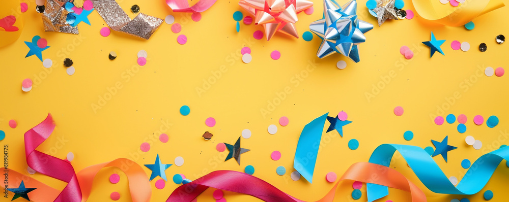An array of colorful short ribbons, metallic paper stars, and confetti on a lively yellow background.