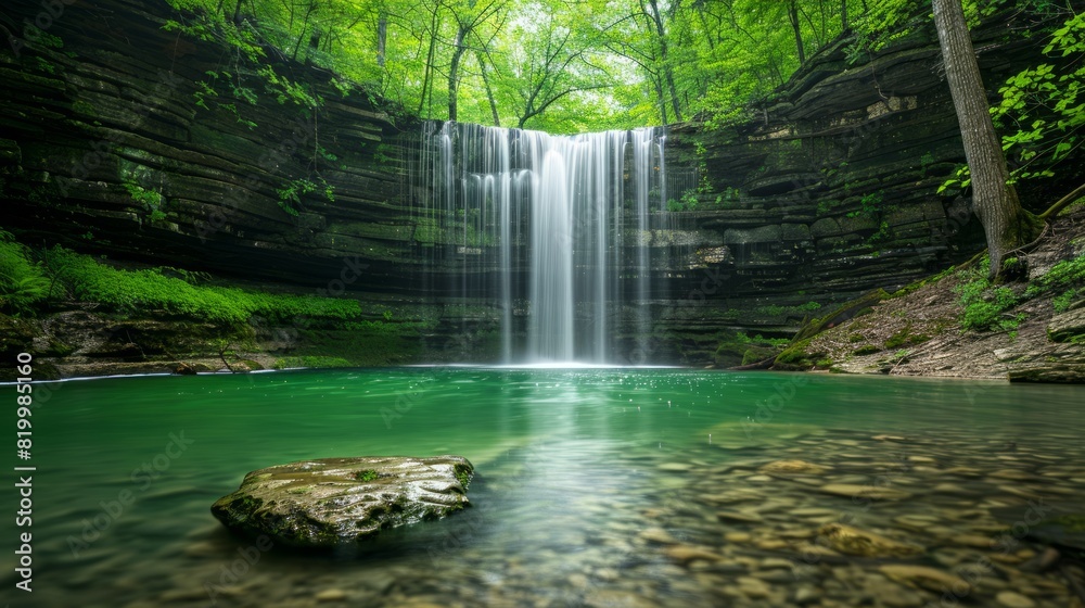 waterfall cascading down into a crystal-clear pool, surrounded by lush greenery. The scene is in the early morning. waterfall cascading down into a crystal-clear pool, surrounded by lush greenery. The scene is in the early morning.