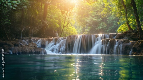 waterfall cascading down into a crystal-clear pool, surrounded by lush greenery. The scene is in the early morning.