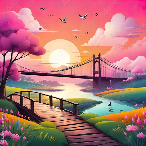 Pink gradient spring landscape with sunset and bridge, illustration for giclee and interior decoration, photo