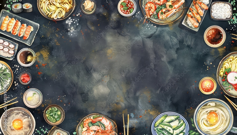 A watercolor clipart of a top view of assorted Asian dishes arranged around a soft