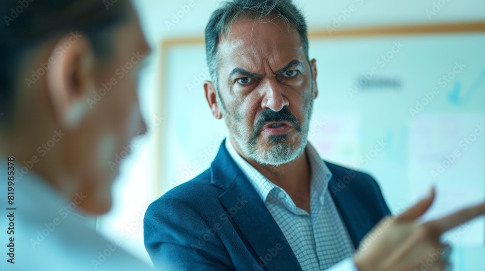 A man in a suit with a beard and mustache making a stern facial expression pointing at someone off-camera.