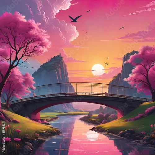 Pink gradient spring landscape with sunset and bridge, illustration for giclee and interior decoration, photo