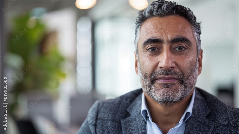 Naklejka premium A man with a beard and graying hair wearing a suit and looking directly at the camera with a serious expression.