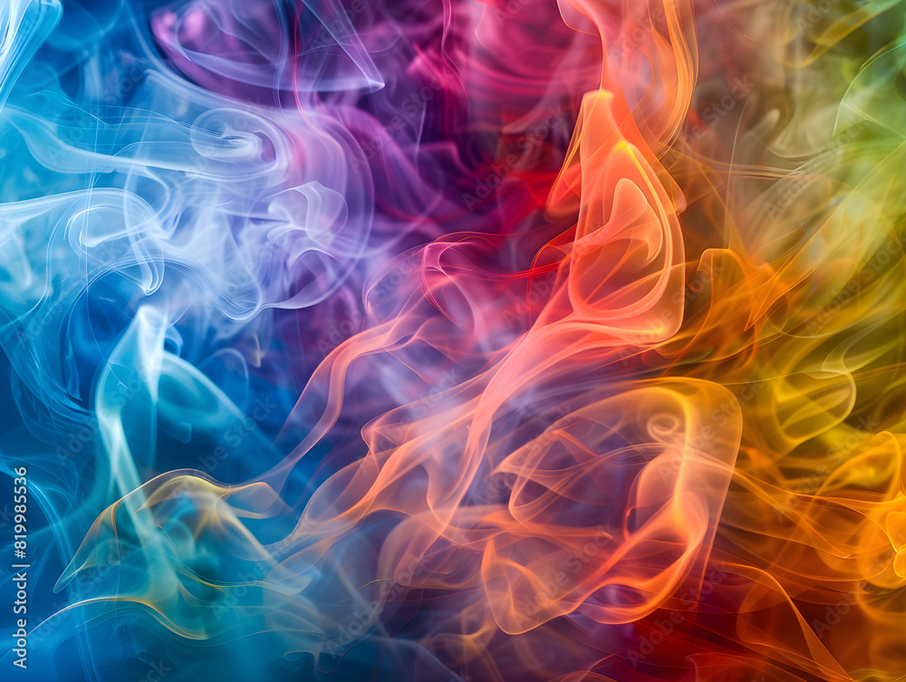 Abstract Vibrant Swirl of Colorful Smoke or Mist Against Dark Background - Dynamic Ethereal Patterns in Blue, Purple, Pink, Red, Orange, Yellow, and Green - Psychedelic Representation of Creativity