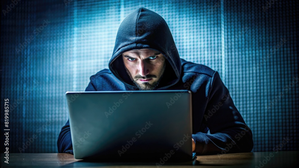 Man in Hoodie Using Laptop. Generative AI Man in Hoodie Using Laptop. Generative AI