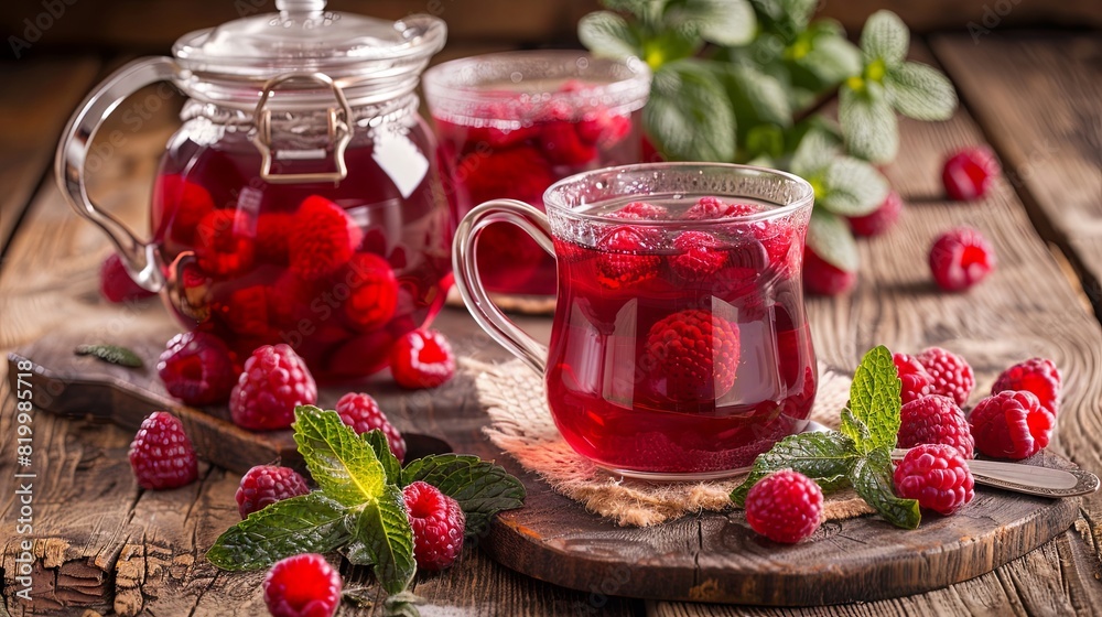 Raspberry tea in glass cup and teapot on wooden table with fresh berries Raspberry tea in glass cup and teapot on wooden table with fresh berries