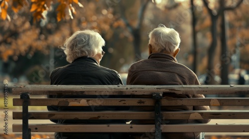Two elderly individuals sitting side by side on a weathered park bench enjoying a peaceful moment in a park with autumn foliage.