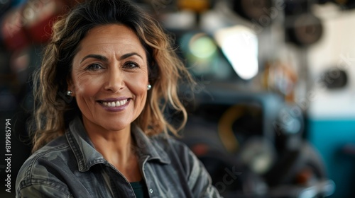 Smiling woman with curly hair wearing a jacket standing in front of a blurred background that suggests a garage or workshop setting.