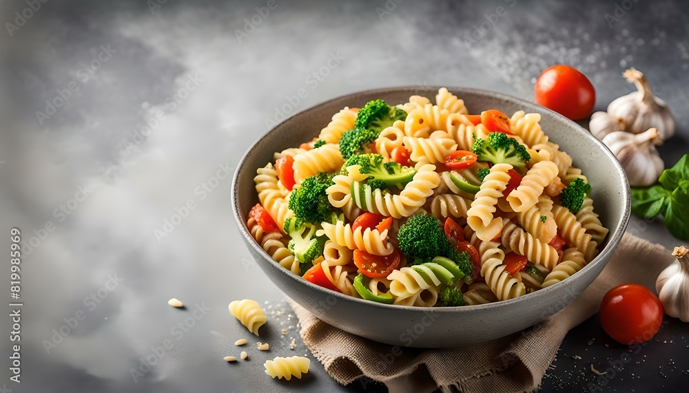 Homemade Garlic Veggie Rotini Pasta in a Bowl on a gray background, side view.
