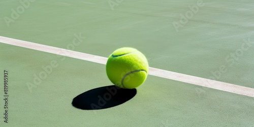 A tennis ball sits on a green tennis court. Banner championship tennis. Summer Olympic Games photo