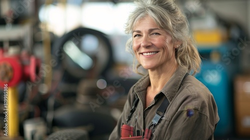 A smiling woman with gray hair wearing a work shirt and suspenders standing in a workshop with various tools and equipment in the background.