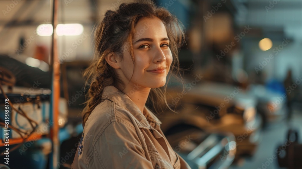 A young woman with a warm smile wearing a beige jacket standing in a garage-like setting with blurred vehicles in the background. A young woman with a warm smile wearing a beige jacket standing in a garage-like setting with blurred vehicles in the background.