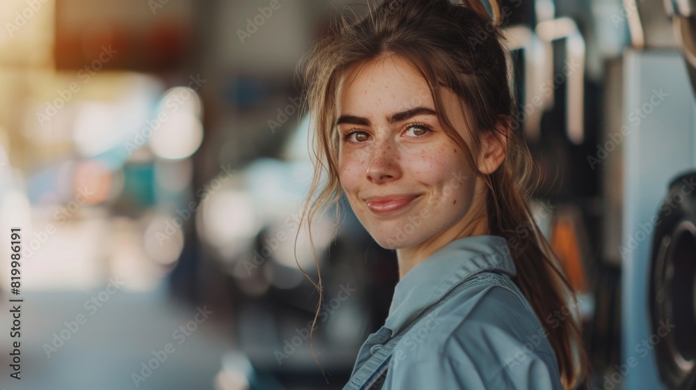 Young woman with freckles and a gentle smile looking over her shoulder wearing a light blue jacket standing in a blurred urban setting with a hint of a car in the background. Young woman with freckles and a gentle smile looking over her shoulder wearing a light blue jacket standing in a blurred urban setting with a hint of a car in the background.