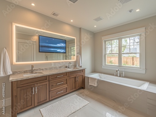 A bathroom with a large mirror and a television mounted on the wall. The television is showing a beach scene. The bathroom has a bathtub  sink  and a towel rack. Scene is relaxing and luxurious