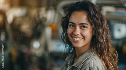 Smiling woman with curly hair wearing a denim jacket standing in a blurred indoor setting with warm lighting.