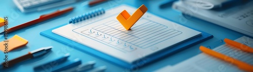 3D checkmark icon with a Likert scale feedback form for project review