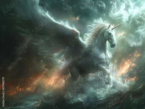 Powerful Winged Unicorn Galloping Through Fiery Apocalyptic Storm © sathon
