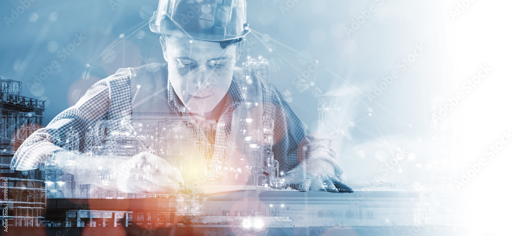 © Have a nice day - Engineering worker industry double exposure city concept, construction building factory development planning innovation, contractor technician, architect, city background blue banner. © Have a nice day - Engineering worker industry double exposure city concept, construction building factory development planning innovation, contractor technician, architect, city background blue banner.