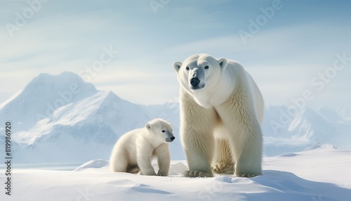 Mother and baby polar bears relax walks in extreme winter weather, polar bears family standing above snow with a view of the frost mountains