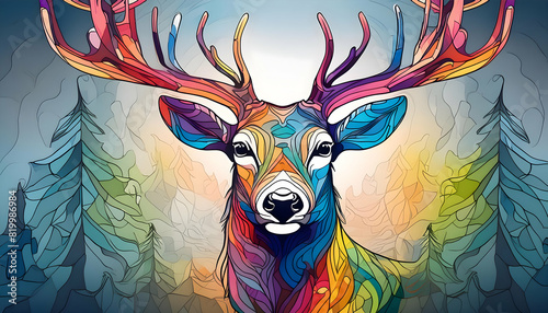 Colorful deer with continuous one line style.