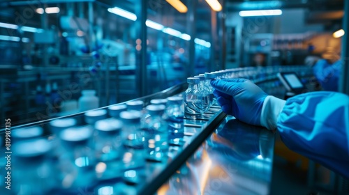A gloved hand in a pharmaceutical production line carefully handles vials in a sterile environment, following strict cleanliness and safety standards for accuracy and quality assurance photo