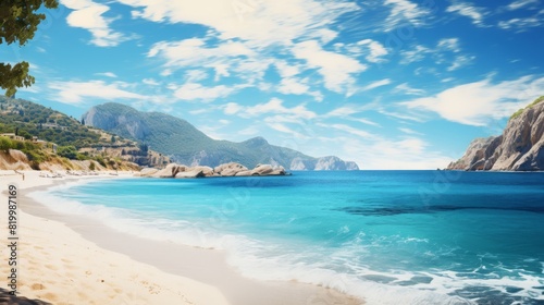 The scene shows a sunny day at the beach with waves crashing on the sand  creating a beautiful natural landscape by the water under a sky filled with clouds