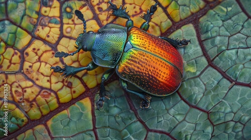 A stunning macro photograph of a jewel-like scarab beetle, its iridescent shell shining in the sunlight