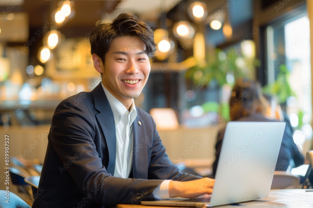 パソコンに向かって笑う日本人男性（打ち合わせ・商談・リモート会議）	