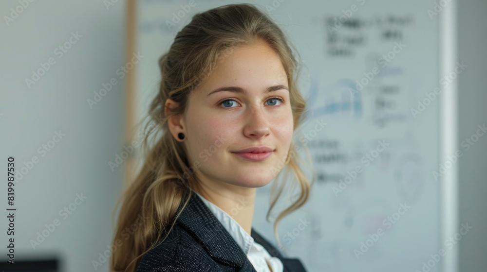 Young woman with blue eyes wearing a dark blazer and a white shirt standing in front of a whiteboard with writing on it looking directly at the camera with a slight smile. Young woman with blue eyes wearing a dark blazer and a white shirt standing in front of a whiteboard with writing on it looking directly at the camera with a slight smile.