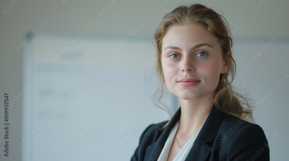 Young woman with light brown hair blue eyes and a slight smile wearing a black blazer over a white top standing in front of a whiteboard with writing on it. Young woman with light brown hair blue eyes and a slight smile wearing a black blazer over a white top standing in front of a whiteboard with writing on it.