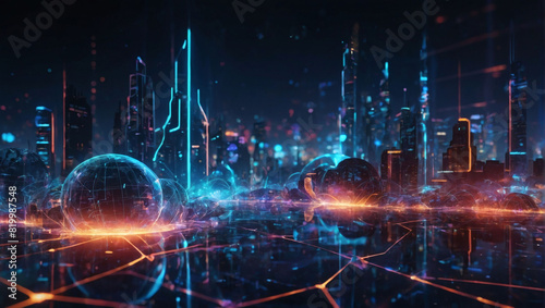 Digital metaverse with glowing neon elements, high-tech futuristic world, and interconnected global technology network