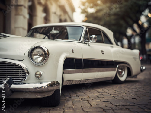 Elegant white vintage car. Speed and style theme