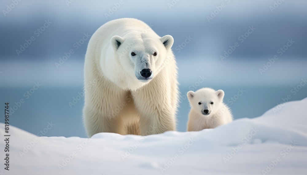 Mother and baby polar bears relax walks in extreme winter weather, polar bears family standing above snow with a view of the frost mountains Mother and baby polar bears relax walks in extreme winter weather, polar bears family standing above snow with a view of the frost mountains