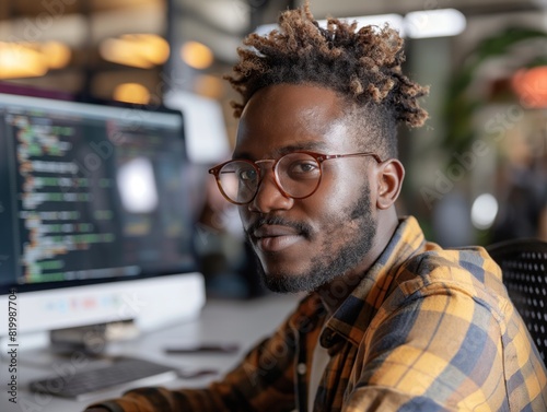 A man with glasses and a beard is sitting in front of a computer monitor. He is smiling and he is enjoying his work