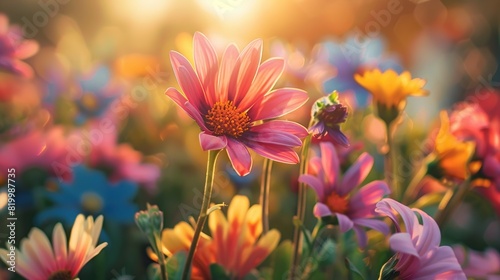 A photograph of a field of flowers. The flowers are mostly orange  yellow  and pink with green stems and leaves. The background is blurred.