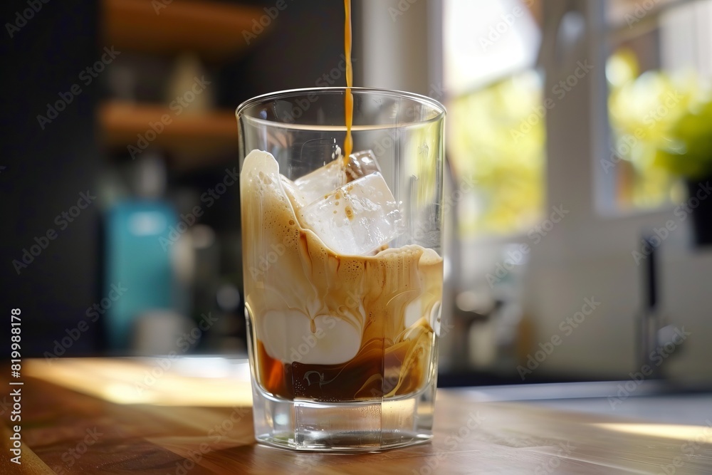 Nitro coffee cascading over ice in a clear glass, super realistic Nitro coffee cascading over ice in a clear glass, super realistic