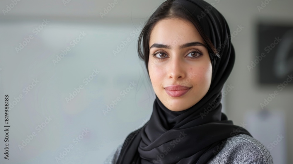 Beautiful woman with hijab looking directly at camera with warm smile set against blurred office background. Beautiful woman with hijab looking directly at camera with warm smile set against blurred office background.