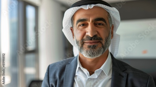 Middle-aged man with a gray beard and mustache wearing a white agal and kufi smiling at the camera dressed in a gray suit and white shirt. photo