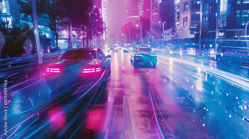 5G for autonomous vehicles front view showcasing communication between cars scifi tone Colored pastel 5G for autonomous vehicles front view showcasing communication between cars scifi tone Colored pastel
