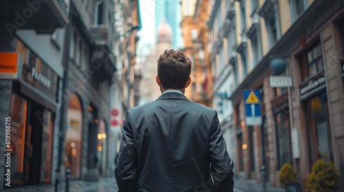 Confident Entrepreneur in Suit: Back View of Professional Businessman Embracing Corporate Opportunities and Career Success in Urban City Landscape