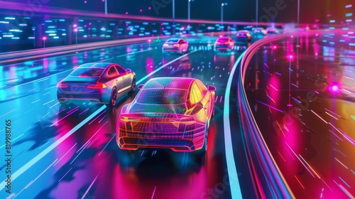 5G for autonomous vehicles front view showcasing communication between cars scifi tone Colored pastel © nattapon98