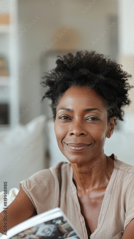 Fototapeta premium A smiling woman with curly hair wearing a beige top holding a book sitting in a cozy room with a blurred background.