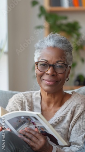 Smiling woman with gray hair and glasses wearing a beige sweater holding a photo album sitting on a couch in a cozy room with plants.